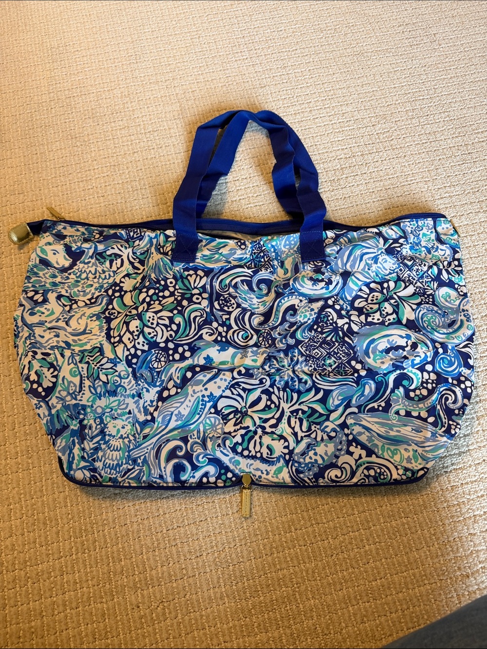 Lilly Pulitzer Royal Purple 60 Animals Packable Tote Beach Bag Blue White Folds